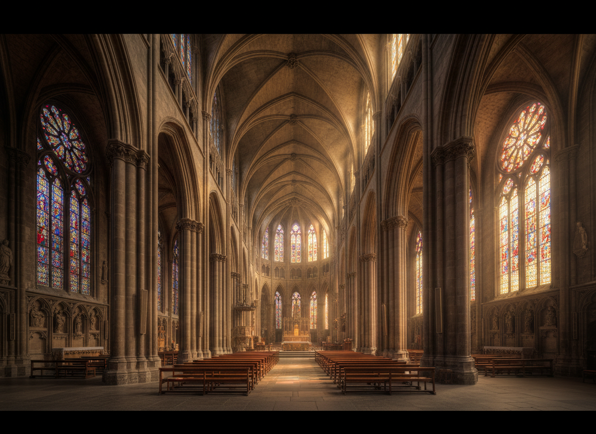 A breathtaking Gothic cathedral interior — soaring stone pillars, vaulted ceilings, golden light streaming through towering stained glass windows, warm amber and deep blue tones, dramatic and cinematic, sacred and reverent atmosphere, photorealistic