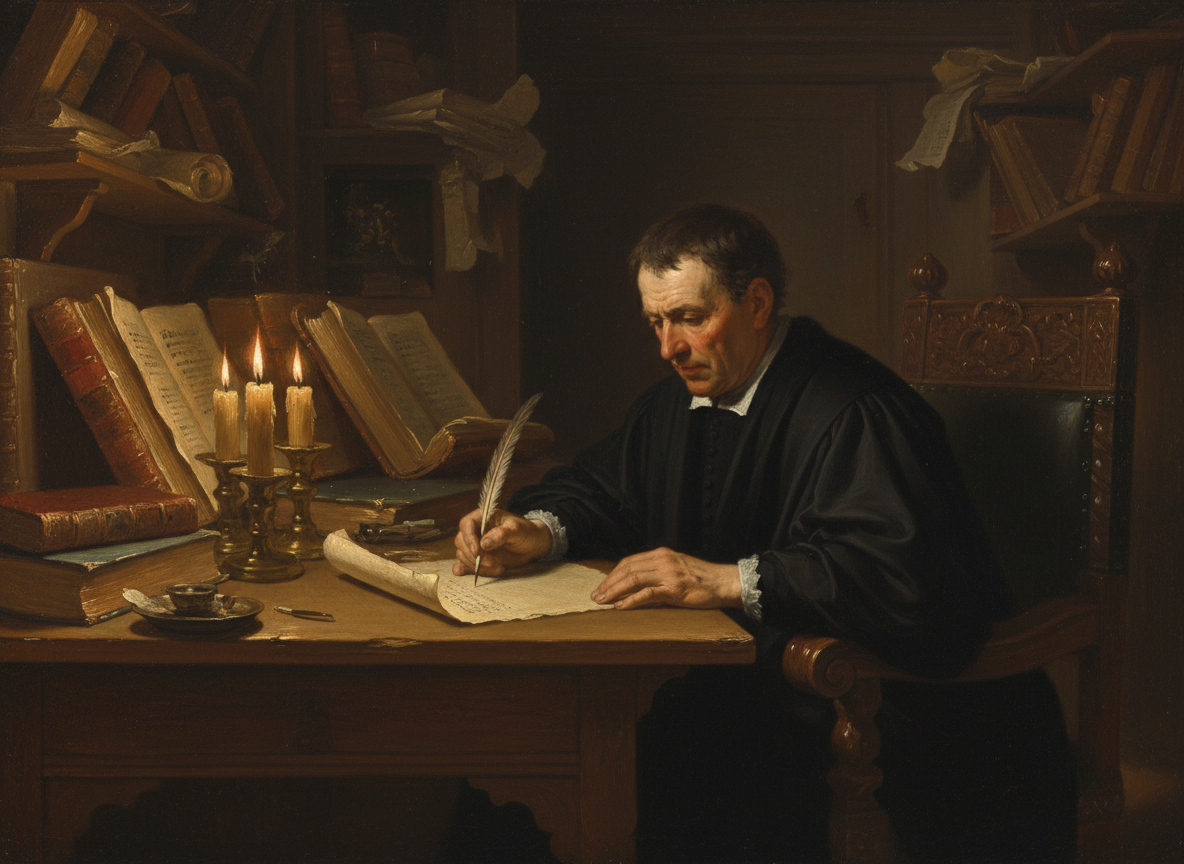 17th century theologian writing by candlelight